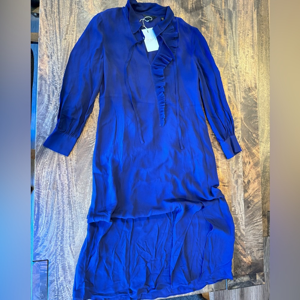 Ted Baker Faithiy Asymmetric Ruffle Midi Skirt Dress Dark Navy Womens Size Ted 2 - Picture 4 of 17